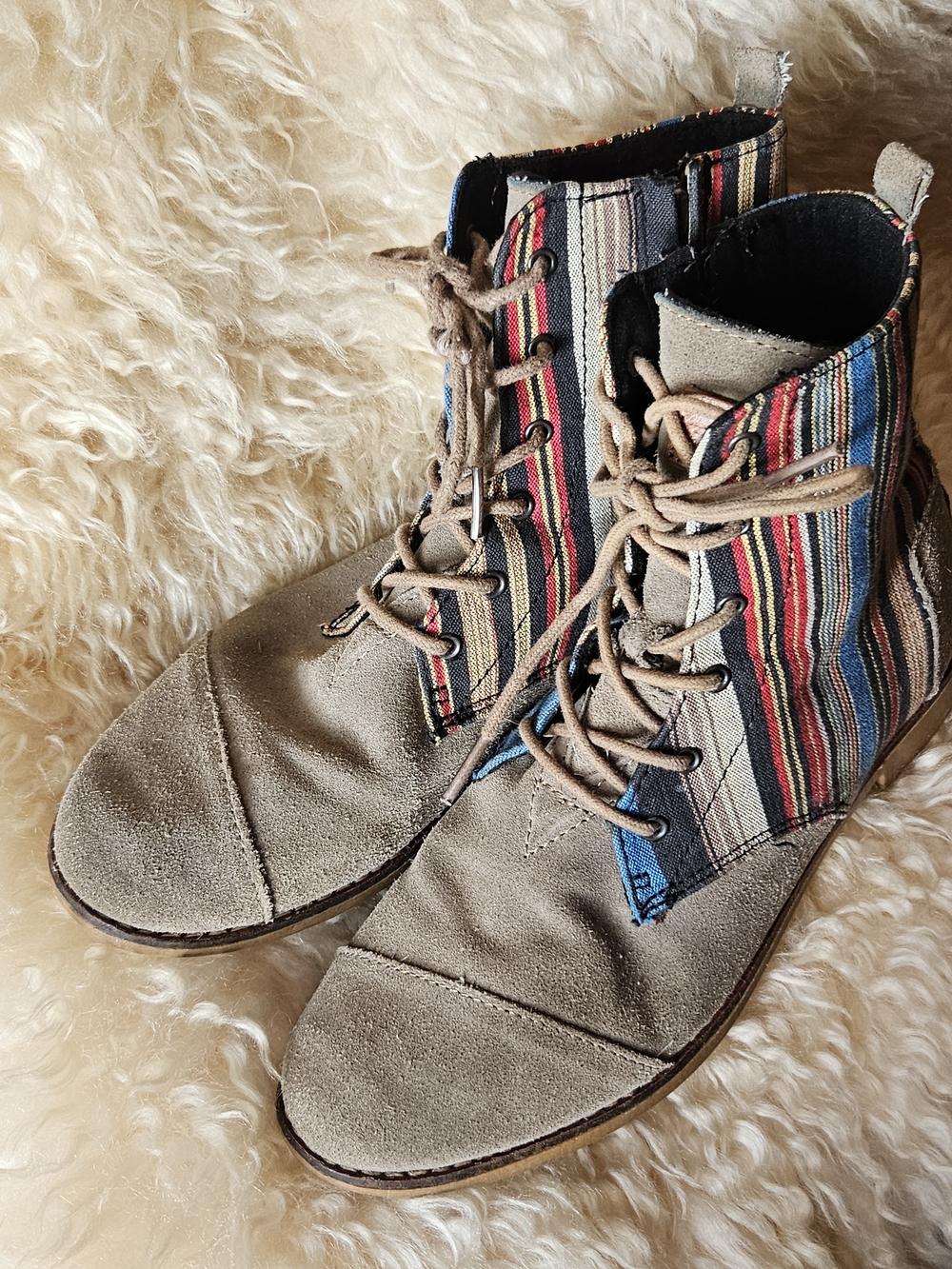 Toms Women's Tan Suede Lace-Up Boots with Multicolor Stripe Panels 7.5